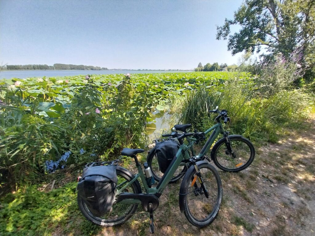 Moustache Samedi 27 Xroad 1 e-bikes lungo il sentiero ciclabile che costeggia il Lago Superiore a Mantova.